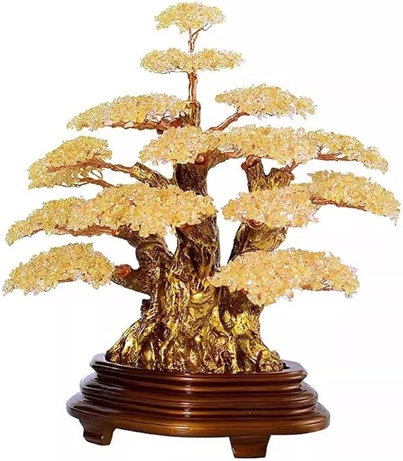 Feng Shui Money Tree Citrine Fortune Tree with Embedded Base, Feng Shui Reiki Balancing Table Ornament Crystal Bonsai Tree