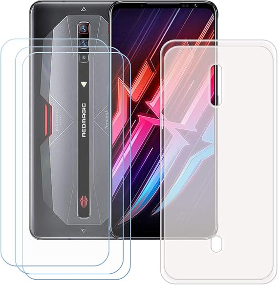 Translucent Cover for Nubia Red Magic 6S Pro + [3 Pack] HD Tempered Glass, Silicone Shell TPU Bumper Protective Back Case - Scratch Screen Protector for Nubia Red Magic 6S Pro (6,8")