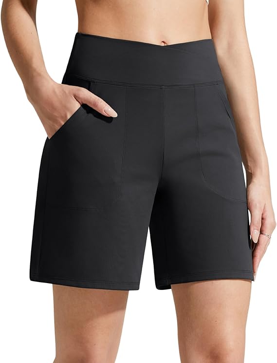 G4Free EverGoing Athletic Shorts for Women 6" Cross Waist Summer Casual Shorts with Pockets