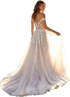 Lilacer Off Shoulder Beach Wedding Dresses for Bride A-Line Tulle Bridal Gowns with Lace Appliques