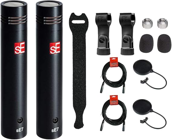 sE Electronics sE7 Small-Diaphragm Condenser Microphone (Matched Stereo Pair) with Touch Fastener Straps (10-Pack), (2) 20' XLR Cable & (2) Pop Filter Bundle