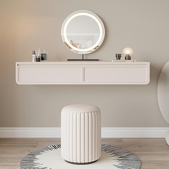 Wall-mounted Vanity Desk, Makeup Vanity Table with Upholstered Stool, 2 Drawers, Dressing Table with Round Mirror, Three-color Dimmable, Modern Vanity Dresser Set(70cm/27.5in)