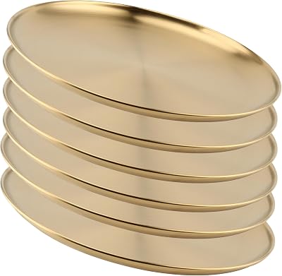 6 PCS 12 Inch Stainless Steel Plates, Reusable Round Metal Dinner Plates Camping Plate, Kitchenware Dinner Dishes for for BBQ Steak, Dishwasher Safe, Gold