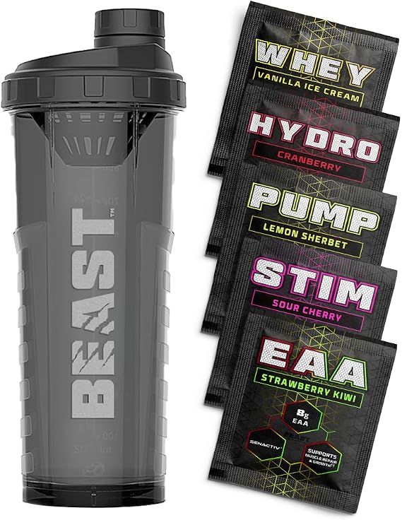 Beast Pharm Beast | Protein Shaker Bottle Sports Supplements Samples | 5 Sachets + 1000ml Shaker Gym Gift Set | Stim, Pump, Whey, Hydro and EAA