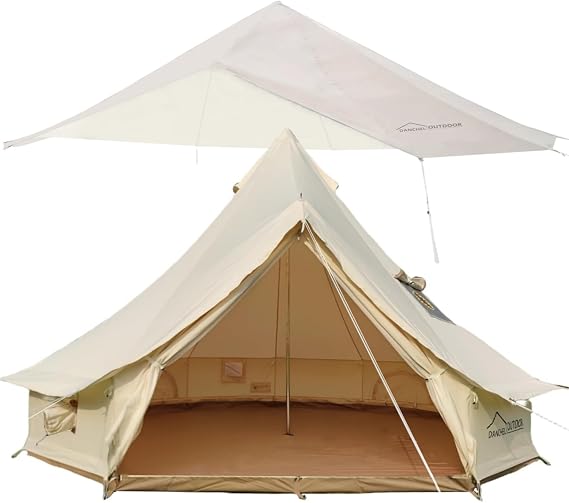 4 Season Canvas Yurt Tent with Waterproof Rain Fly Bell Tent Cover for 4 Person Camping, 4m/13ft Khaki
