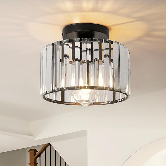 Black Crystal Ceiling Light for Hallway, Small Semi Flush Mount Fixture, 23cm Modern Lighting for Kitchen, Dining Room, Living Room, Bedroom