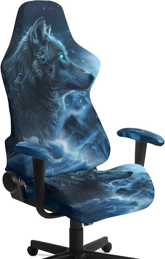 Blue Cool Wolf Gaming Chair Covers Stretchable Seat Cover for Gaming Chair 4 Pieces Waterproof Slip Cover for Racing Office Chairs Elastic Ergonomic Chairs Protector