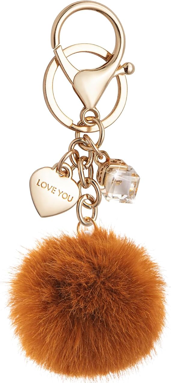 Fashion Keychain for Women, Cute Heart Bling Key Chain Accessories Pom Pom for Backpack