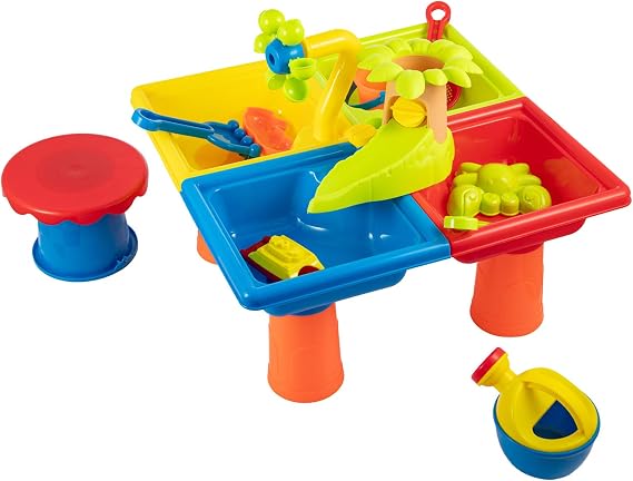 Sand and Water Table for Toddlers, Double Compartment Sensory Play Table Portable Outdoor Water Play Set with Water Wheel, Boat & Moulds for Kids 18 Months+ (25)