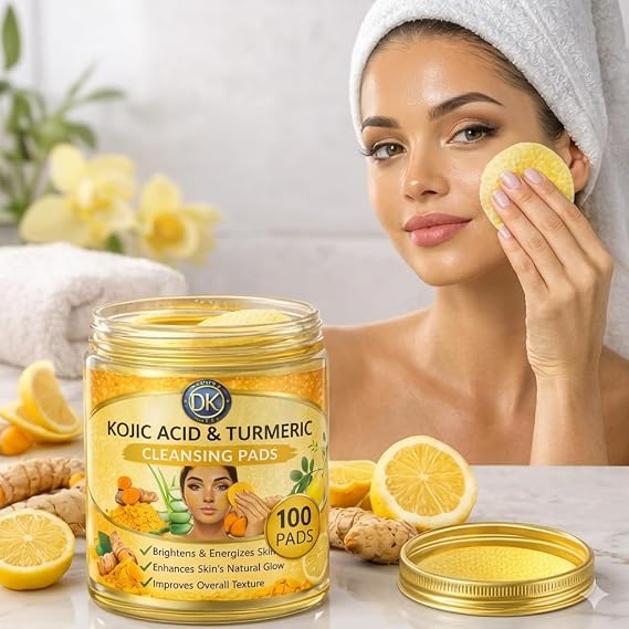 Kojic Acid Pads, Turmeric Kojic Acid Cleansing Pads for Face, Cleanser and Exfoliation, Helps Balance Skin Oil, 100 Count Kojic Acid & Turmeric Cleansing Pads for Face