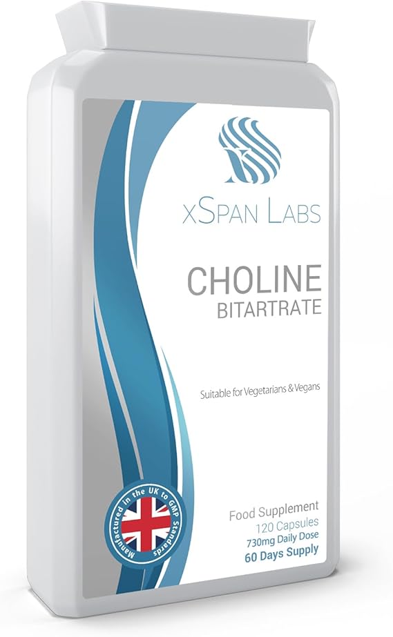 Choline Bitartrate 730mg Daily Dosage, 120 Vegan Choline Capsules - Helps to Maintain Normal Liver Function - No GMOs, Dairy, or Gluten - Made in The UK in Accordance with The GMP Code of Practice