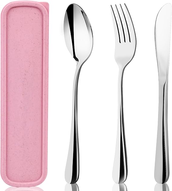 HANSGO Travel Utensils with Case, 4PCS Stainless Steel Portable Cutlery Set, Built-in Card Slot Design, Lunch Utensils for Work, School, Travel & Gifts for Women, Pink