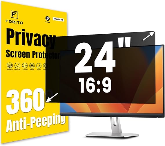 F FORITO 24 Inch 16:9 360Privacy Screen Protector for Computer Monitor, Removable Eye Protection Anti Blue Light Anti Glare Computer Screen Privacy Shield for All 24" Widescreen Monitors