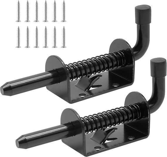 5 Inch Spring Loaded Gate Latch Pin, 2pcs Barrel Bolt Spring Latch | Black, Heavy Duty, Steel Door Lock Latch, for Cabinet, Shed, Trailer, Equipment