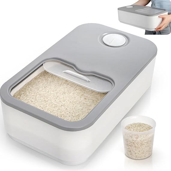 Rice Storage Container, 11 Lbs Plastic Airtight Rice Dispenser with Measuring Cup, Dry Food Storage Bucket Box with Lid, Flour Bin Pet Food Container, Kitchen Organizer for Grain Cereal, White