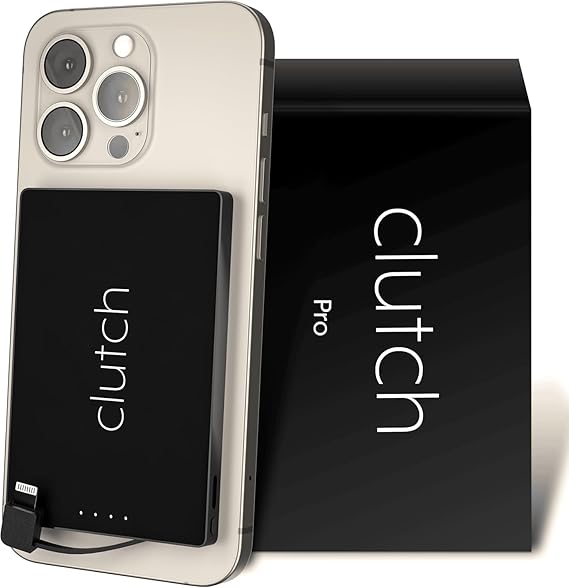 Clutch Pro World's Thinnest iPhone Charger Portable Power Bank 5000mAh Magnetic Built-in Lightning Cable TSA Approved Travel Charger iPhone 14 & Earlier Black
