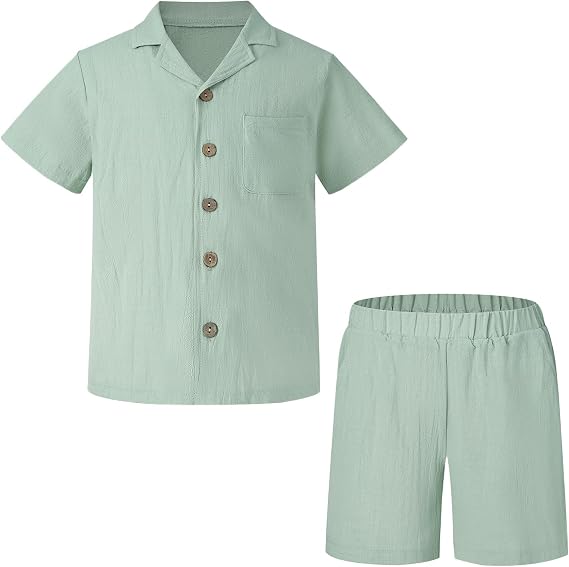 Weixinbuy Boys 2 Pieces Outfits Set Casual Beach Shorts Summer Cotton Short Sleeve Button Down Shirts Clothes Set for Boys
