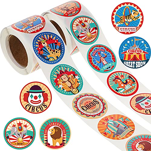 Zonon 500 Pieces Carnival Circus Party Stickers Carnival Themed Animal Clown Labels Sticker Party Favors for Birthday Envelope Seals Goodie Bags Decoration, 12 Styles