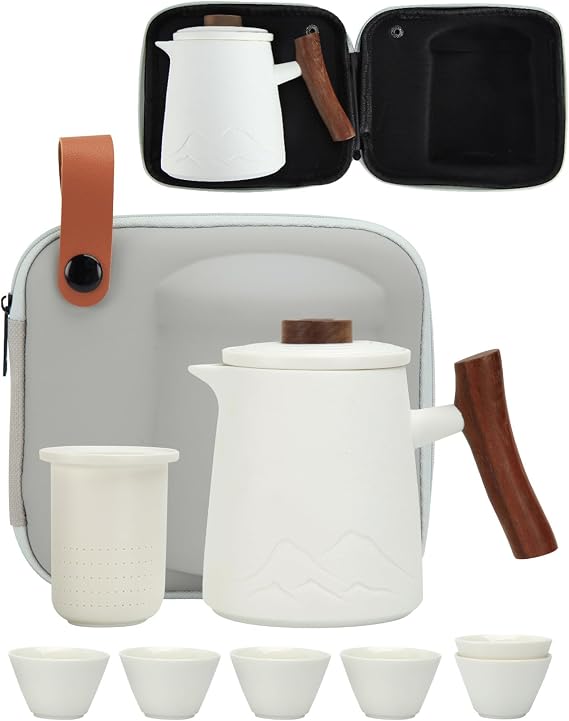 Travel Tea Set for Adults Ceramic Tea Set with 1 Tea Pot 6 Tea Cups Set of 6 Tea Mug with Infuser and Lid 14.54 OZ Large Cup Strainer with Bag Holder for Loose Leaf Tea Gift for Tea Lovers (White)