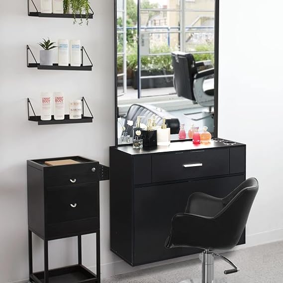 Black Salon Station Cabinet with mirror, Barber Hair Styling Stations, Beauty Dresser Spa Bathroom Equipment,Barber Station Makeup Mirrors Cabinet Hair Styling Station Beauty Salon Spa Equipment