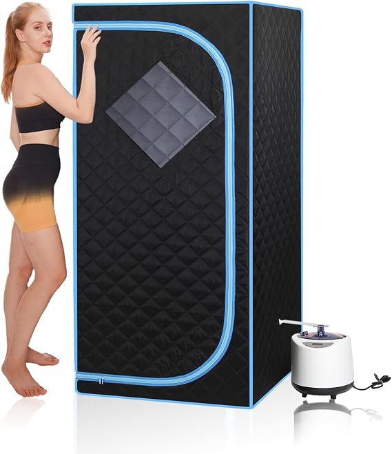 Portable Steam Sauna | Full Size Portablel Sauna Tent | Personal Home Sauna Spa | with 2.2L Water Injection Rate and 1000W Steam Generator, Portable Chair, Black (Blue Edge)