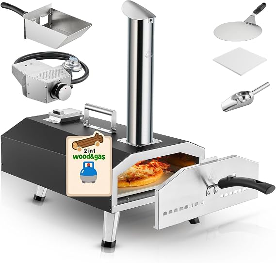 Outdoor Pizza Oven Wood Fired and Gas, 90 Seconds for 12" Pizza, 1000F Fast Cooking, Oven for Grill, Camping, Backyard, Tailgating, Includes Pizza Stone and Gas Hose