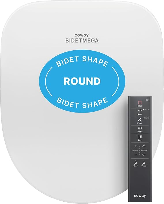 COWAY Bidetmega 500S *Round* Electronic Bidet Toilet Seat with Instantaneous Water Heating, Heated Seat and Dryer, Auto Open and Close Lid, Night Light, Deodorizer, Stainless Nozzle, Remote Control