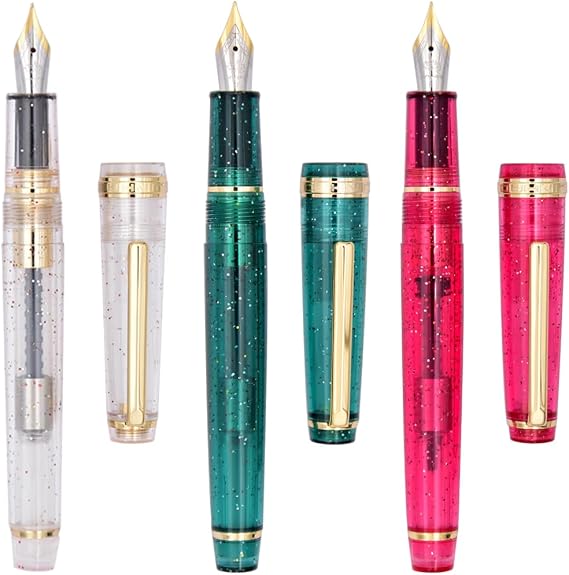 3 PCS Jinhao 82 Fountain Pen Transparent Fluorescent White, Red and Green Acrylic, Iridium Fine Nib Gold Trim with Converter Set