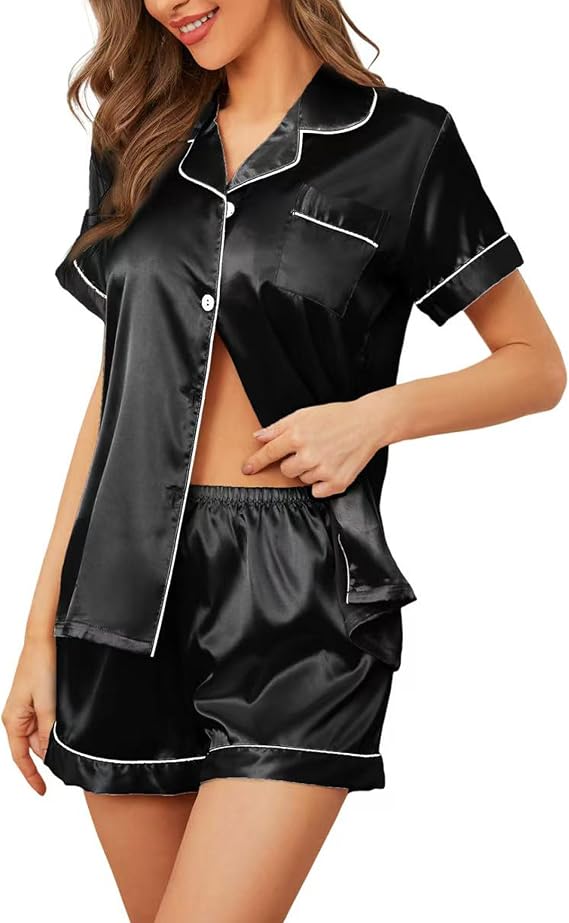 Women's Silk Pajama Set 2 Pcs Short Sleeve Sleepwear Button Down Pj | Satin Loungewear,Soft Breathable Sleep Tops and Shorts,Classic Nightwear Set for Pajamas Party/Brides Wedding,Chest Pocket