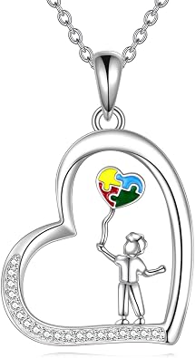 YFN Autism Awareness Necklace Sterling Silver Autism Puzzle Piece Pendant Necklace ASD Autism Jewelry For Women Inspirational Autism Awareness Gifts