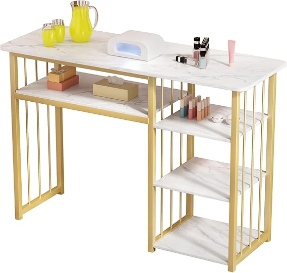 Professional Nail Desk, Manicure Table with Open Storage Shelves and Marble-Texture-Top, Manicure Station Beauty Technician Workstation, Nail Tech Desk for Spa & Beauty