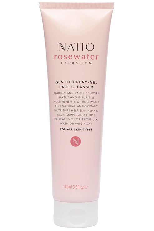 Natio Australia Rosewater Hydration Gentle Cream-Gel Face Cleanser, 3.3 oz - Facial Cleanser with Rosewater - Travel Size Face Wash for All Skin Types