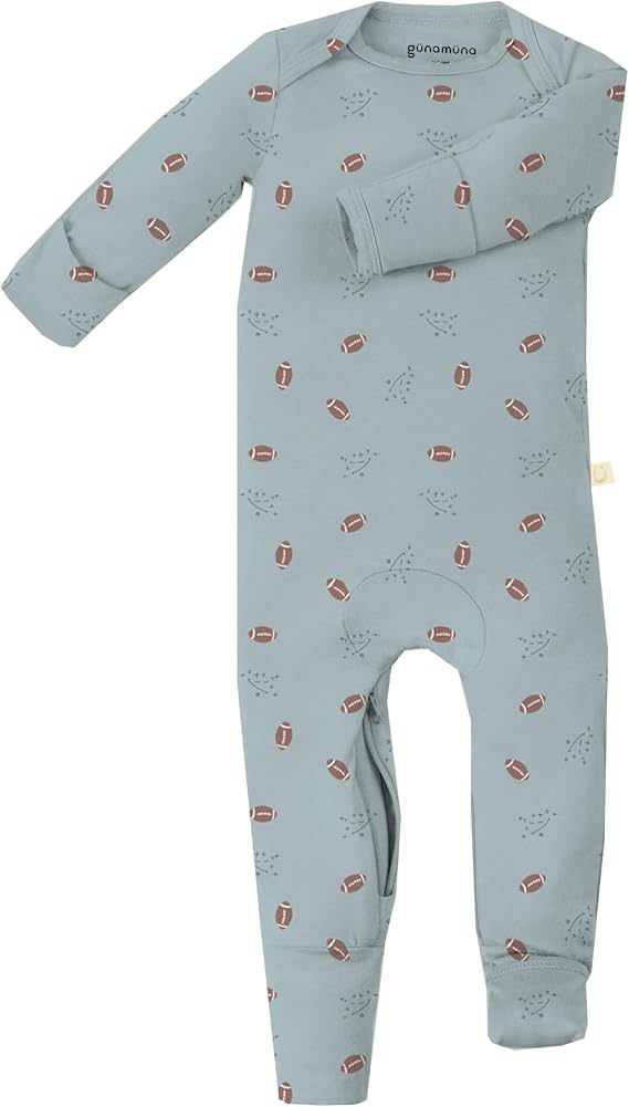 GUNAMUNA Convertible Baby Footie Pajamas, 2-in-1 Romper with Diaper-ZiP, Fold-Over Mittens & Cuffs, Football, 12-18 Months