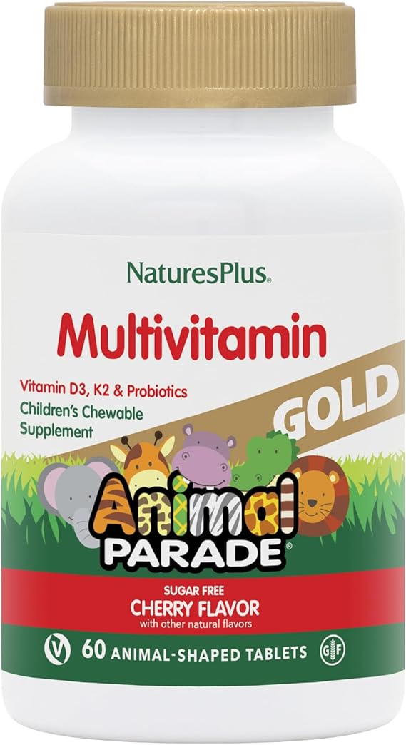 NaturesPlus Animal Parade Gold Multivitamin Childrens Chewables - Cherry Flavor - 60 Chewable Animal-Shaped Tablets - with Vitamin D3, K2 & Probiotics - 30 Servings