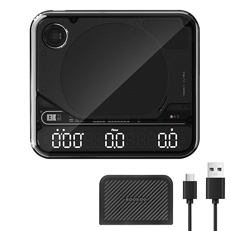 BOOKOO Themis Ultra Coffee Scale Espresso Scale with Flow Rate Ratio Auto Weight Mode Smart Bluetooth Digital Scale with APP for Espresso, Pour Over Rechargeable Coffee Bean Scale Waterproof Black