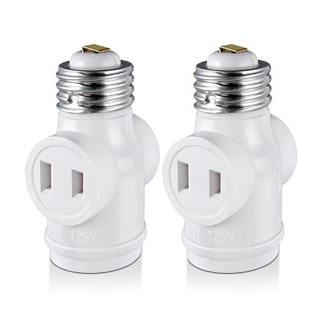 2 Outlet Light Socket Adapter, E26 Bulb Socket to Outlet Splitter,Converts Medium Screw Socket into a Socket with Two outlets,Polarized Outlet.UL Listed,White (2-Pack)