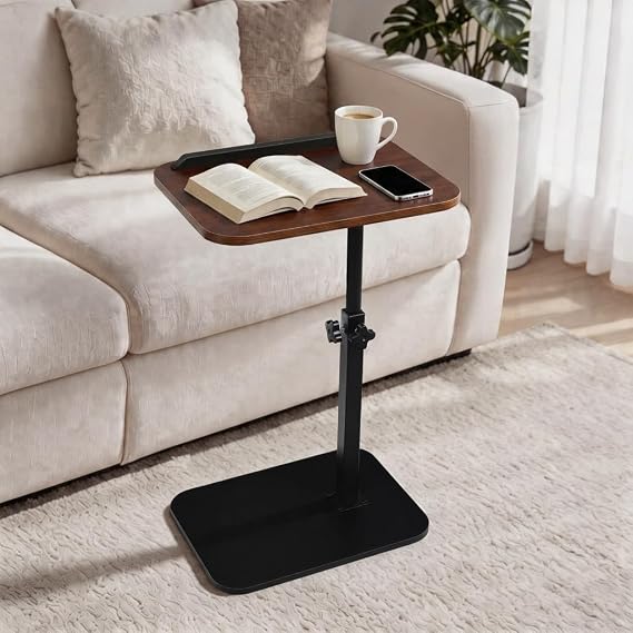 comfoyar C Shaped Side Table Adjustable Height, 360° Swivel 180° Flip Bedside Table with Slat for Sofa Bathtub, Laptop Stand TV Coffee Sofa Tray End Table for Snack Drinks Eating, Small Space, Brown