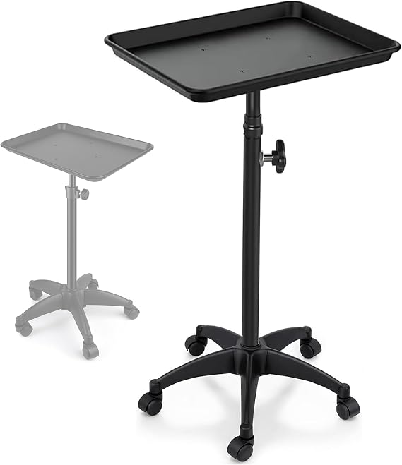 Salon Tray Cart on Wheels, Tattoo Tray Rolling Trolley - Adjustable Height, Hair Color Tray and Hair Stylist Tray, Storage Utility Cart for Clinic Spa Rolling Tray (Black)