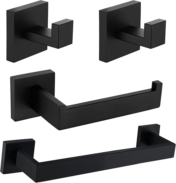 Nolimas 4 Pieces Matte Black Bathroom Hardware Set SUS304 Stainless Steel Square Wall Mounted Including 12Inch Towel Bar, Toilet Tissue Holder, Robe Towel Hooks,Bathroom Accessories Kit