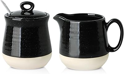 Hasense Sugar and Creamer Set, 3 Piece Porcelain Coffee Serving Set with Cream Pitcher, Sugar Bowl, Lid & Spoon, 10 Ounce Creamer Container and Sugar Pot, Farmhouse Decor Black