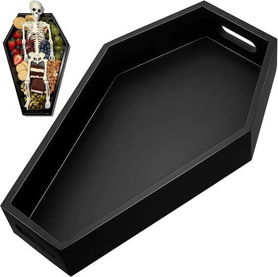 Halloween Coffin Tray, Gothic Coffin Shape Serving Board with Built-in Handles, Black Halloween Spooky Decor, Creepy Wooden Serving Tray for Candy, Snacks, Charcuterie, Jewelry, Makeup