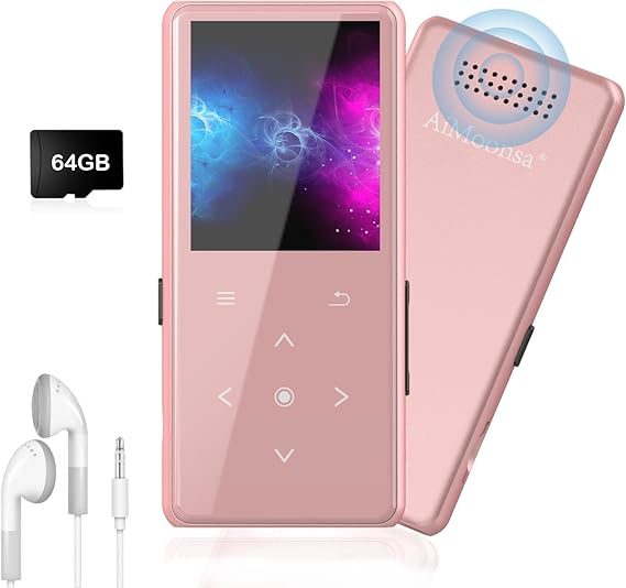 64GB MP3 Player with Bluetooth 5.2, AiMoonsa Music Player with Built-in HD Speaker, FM Radio, Voice Recorder, HiFi Sound, E-Book, Earphones Included