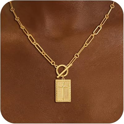 CHESKY Cross Necklace for Women Trendy, Dainty 14K Gold Plated Paperclip Charm Necklace for Womens Chunky Cross Pendant Necklace Gold Jewelry Religious Christian Gifts for Christians
