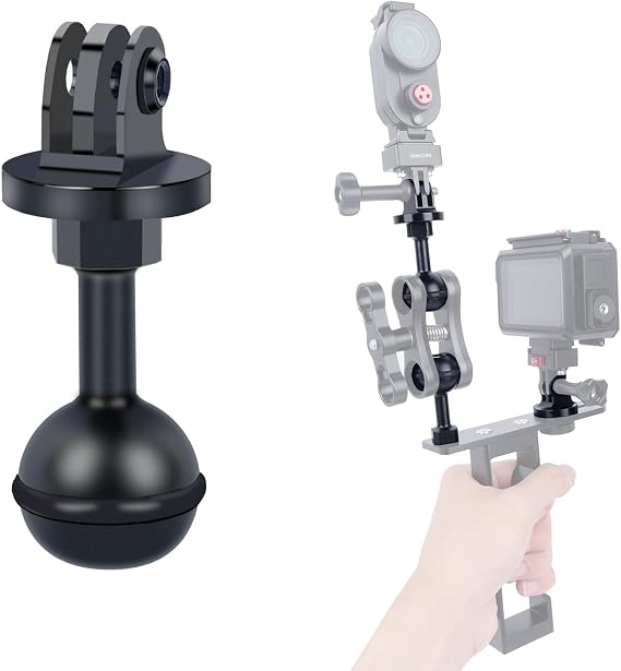 1-Inch Ball Head Camera Mount Adapter with Dual Screw Holes - Aluminum Alloy Universal Clamp for DSLR, GoPr0, Insta360 Underwater Photography Accessories 63155