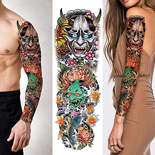 Realistic Temporary Tattoos-Waterproof Halloween Masquerade Full Sleeve Temp Tattoos Full Arm Long Lasting Fake Tattoo Sticker For Men Adults Women Kids Chest Shoulder Leg Makeup Body Art With Colorful Dragon Fish Flower