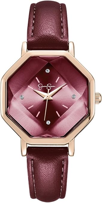 Jessica Simpson Women's Leather Band Watch, Octagon Faceted Crystal Dial, Classic Quartz Movement, Stylish Dress Watch for Women