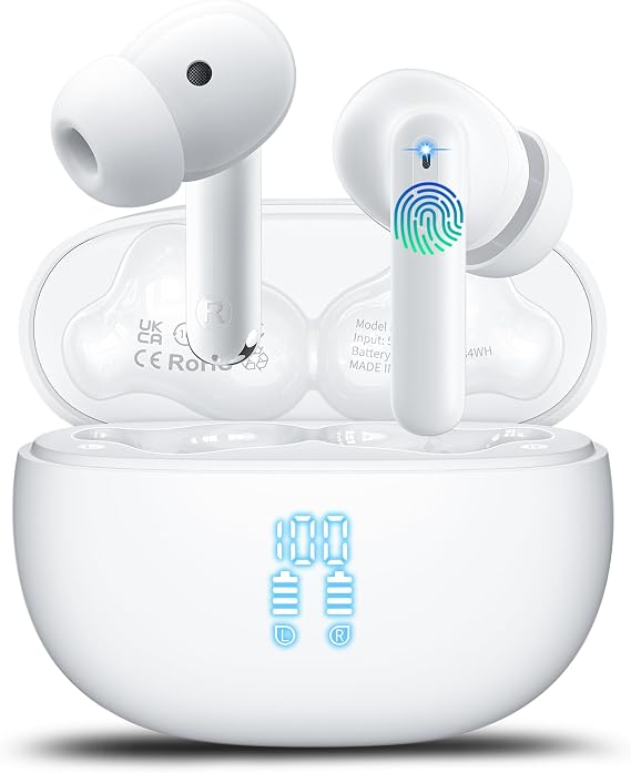 Wireless Earbuds, Bluetooth 5.4 Headphones Bass Stereo/Clear Calls, Ivory
