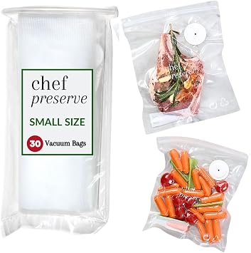 Chef Preserve Reusable Vacuum Sealer Bags for Food - 30 BPA-Free Small 8 x 10 in Food Storage Bags, Freezer, Microwave - Odor-Resistant, Leak-Proof - Compatible with Chef Preserve Vacuum Sealers