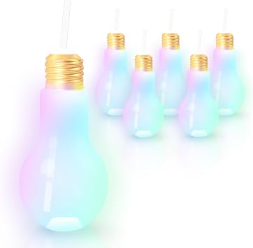 Windy City Novelties - 6 pack - LED Light Up White Light Bulb Cup with Straw