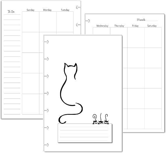 Undated Monthly Calendar Refills for Letter, Junior, Classic, Skinny, Mini size Discbound Planners FItts Happy Planners Levenger Circa TUL Staples Arc Notebook Office (7-Disc, 4.6"x7", Cat)